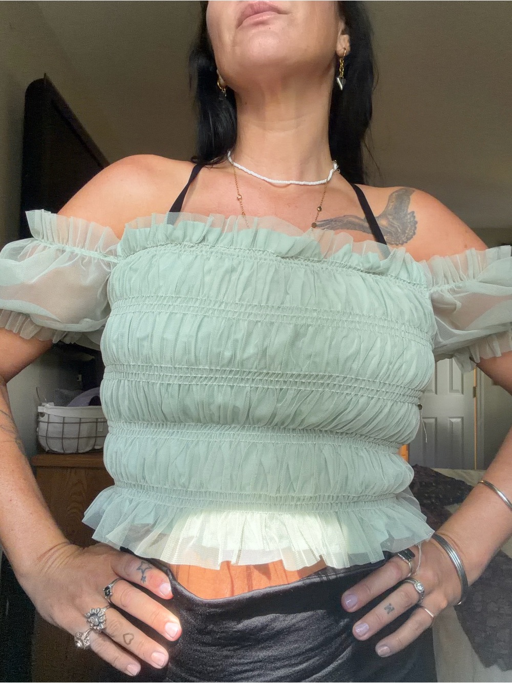 Sage Green Sheer Puff Sleeve Ruched Crop Top